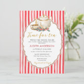 Invitation Red Stripes Christmas Tea Party Bridal Shower  (Debout devant)