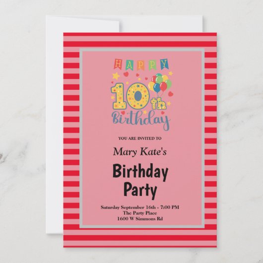 Invitation Red Stripes encadrées 10e fête d'anniversaire (Devant)