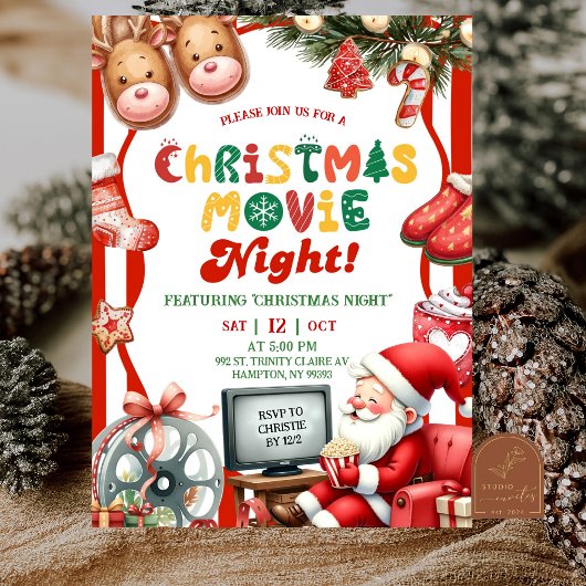 Invitation Red Stripes Fun Retro Christmas Movie Night Party