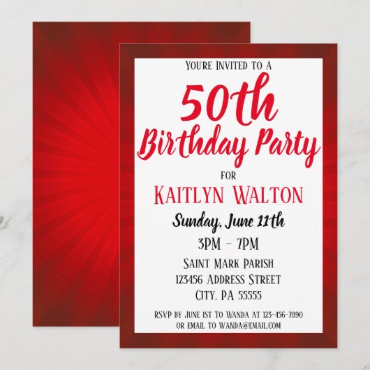 Invitation Red Sunburst 50th Birthday Party (Devant / Derrière)