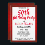 Invitation Red Sunburst 50th Birthday Party<br><div class="desc">Une invitation à la fête d'anniversaire décorée d'un texte rouge et d'un coup de soleil. Vous pouvez également personnaliser davantage en modifiant l'âge d'anniversaire.</div>