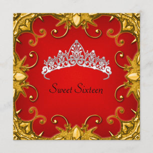 Invitation Red Sweet 16 Anniversaire de fête Gold White Tiara