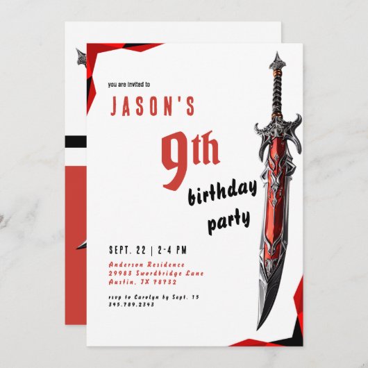 Invitation Red Sword Warrior Boy Birthday Party (Devant / Derrière)