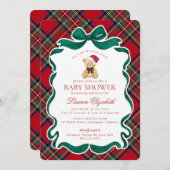 Invitation Red Tartan Plaid Christmas Bear Baby Shower (Devant / Derrière)