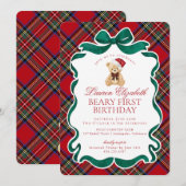 Invitation Red Tartan Plaid Christmas Beary First Birthday (Devant / Derrière)