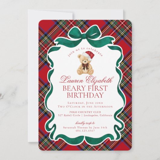 Invitation Red Tartan Plaid Christmas Beary First Birthday (Devant)