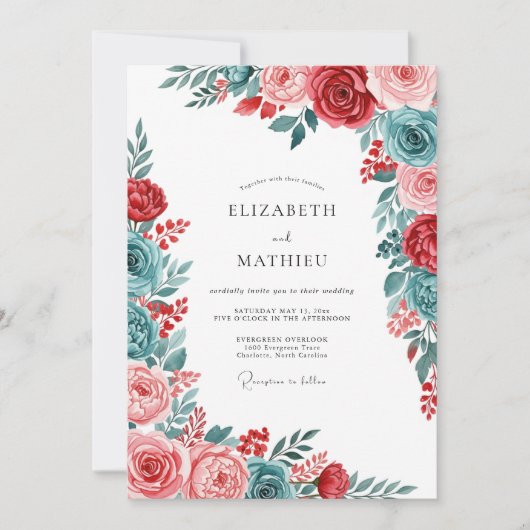 Invitation Red Teal Gracious Botanical Wedding (Devant)