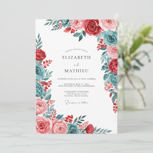 Invitation Red Teal Gracious Botanical Wedding (Debout devant)