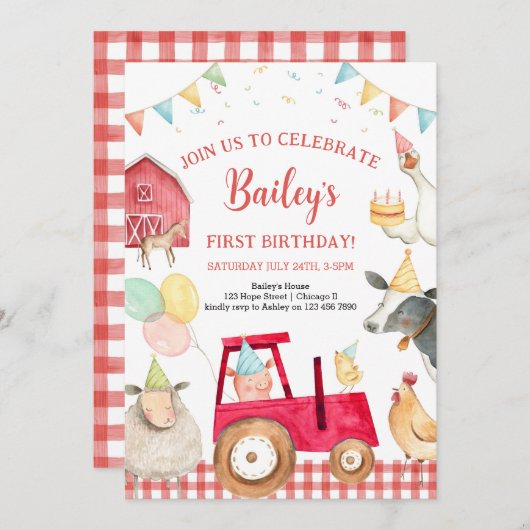 Invitation Red Tractor Animaux de ferme Barnyard 1er annivers (Devant / Derrière)