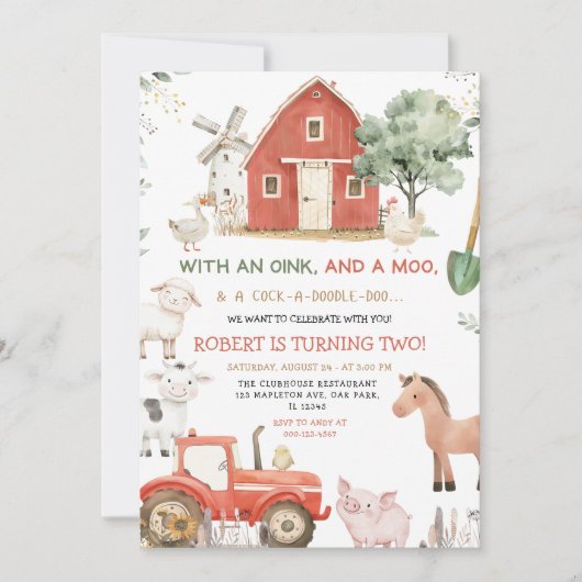 Invitation Red Tractor Animaux de ferme Oink Baa Moo Annivers (Devant)