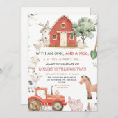 Invitation Red Tractor Animaux de ferme Oink Baa Moo Annivers (Devant / Derrière)