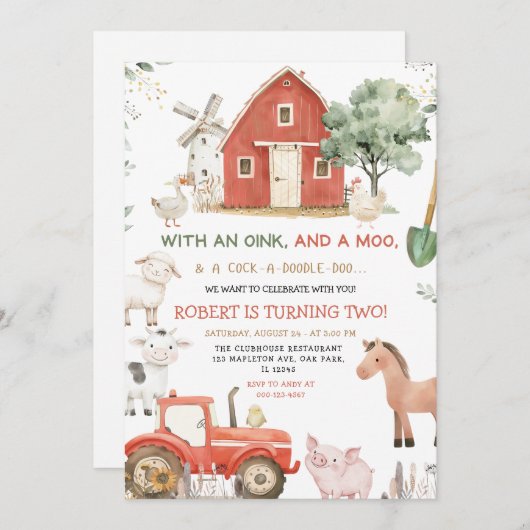 Invitation Red Tractor Animaux de ferme Oink Baa Moo Annivers (Devant / Derrière)