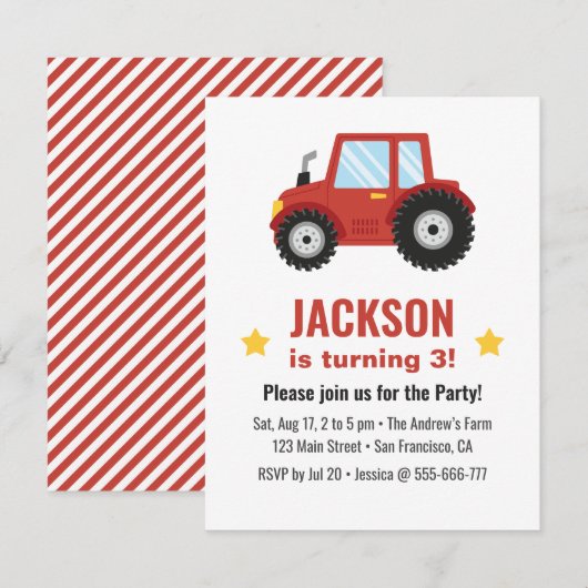Invitation Red Tractor Boys fête d'anniversaire (Devant / Derrière)