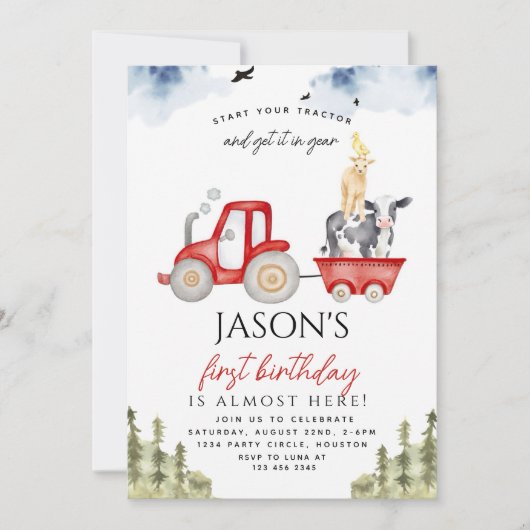 Invitation Red Tractor Farm Animaux 1er anniversaire Fête gar (Devant)