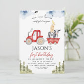 Invitation Red Tractor Farm Animaux 1er anniversaire Fête gar (Debout devant)