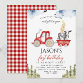 Invitation Red Tractor Farm Animaux 1er anniversaire Fête gar (Devant / Derrière)
