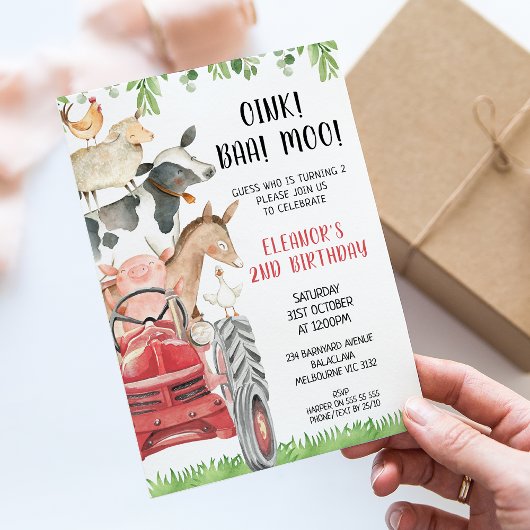 Invitation Red Tractor Farm Animaux 2e anniversaire