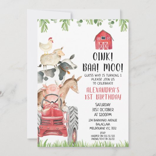 Invitation Red Tractor Farm Animaux Oink Baa Moo 1er annivers (Devant)