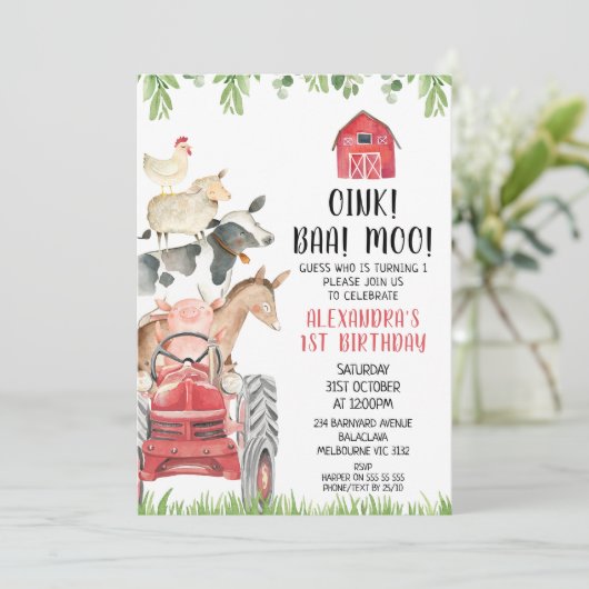 Invitation Red Tractor Farm Animaux Oink Baa Moo 1er annivers (Debout devant)