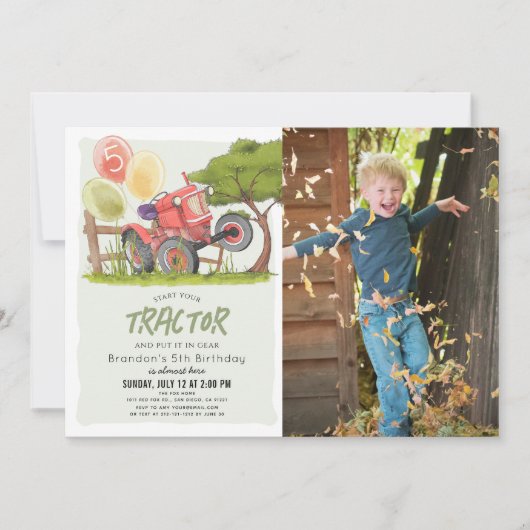 Invitation Red Tractor Farm Boy Photo Anniversaire (Devant)