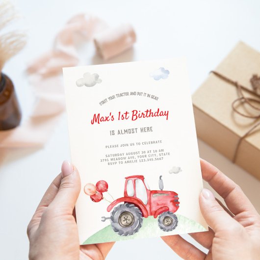 Invitation Red Tractor Festive Ballons Anniversaire Invitatio