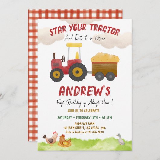 Invitation Red Tractor, quel que soit l'âge, anniversaire de  (Devant / Derrière)