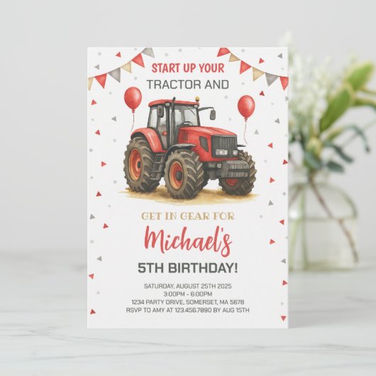 Invitation Red Tractor Thème Anniversaire (Debout devant)