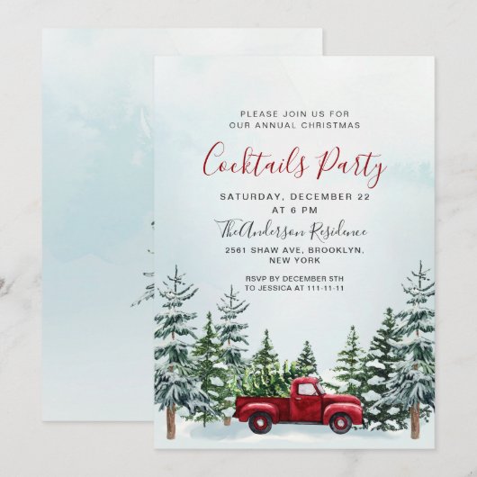 Invitation Red Truck Pine Trees Noël Cocktails Party (Devant / Derrière)