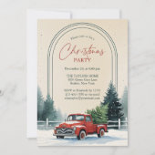Invitation Red Truck Snowy Pine Trees Rustic Christmas Party (Devant)