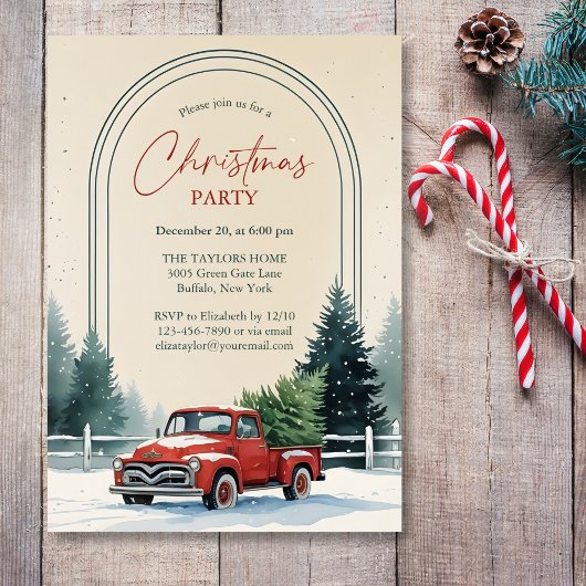 Invitation Red Truck Snowy Pine Trees Rustic Christmas Party