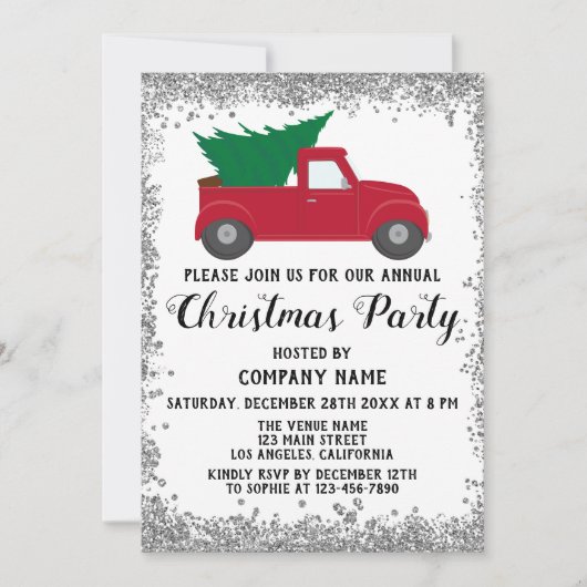 Invitation Red Truck Xmas Tree Company Christmas Party Argent (Devant)