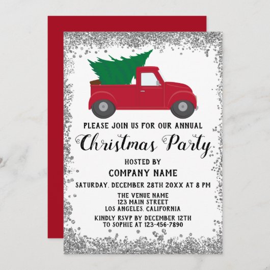 Invitation Red Truck Xmas Tree Company Christmas Party Argent (Devant / Derrière)