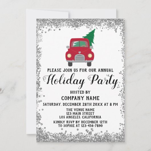 Invitation Red Truck Xmas Tree Company Fête Argent (Devant)