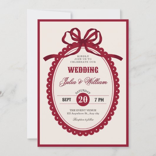Invitation Red vintage bow wedding (Devant)