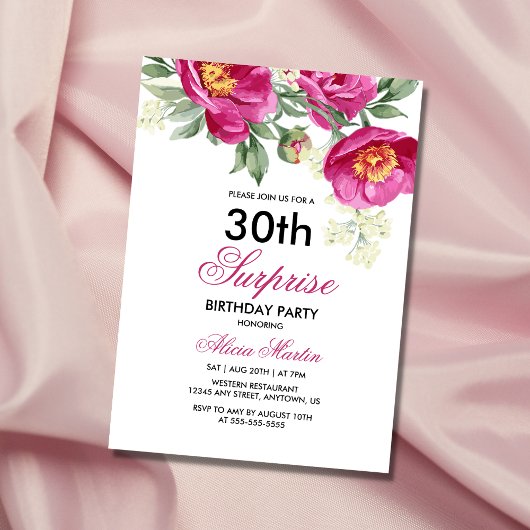 Invitation Red Violet Peony Green 30e Anniversaire surpris