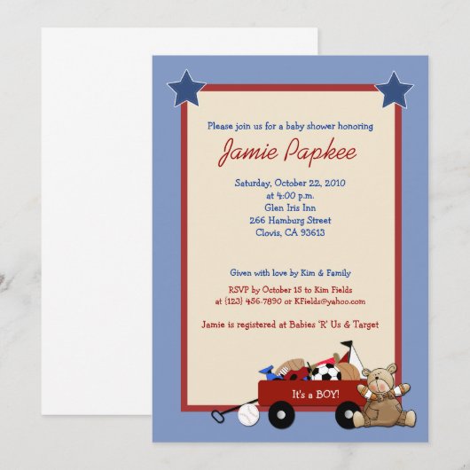 Invitation Red Wagon Teddy Bear Sports Boy Baby shower (Devant / Derrière)