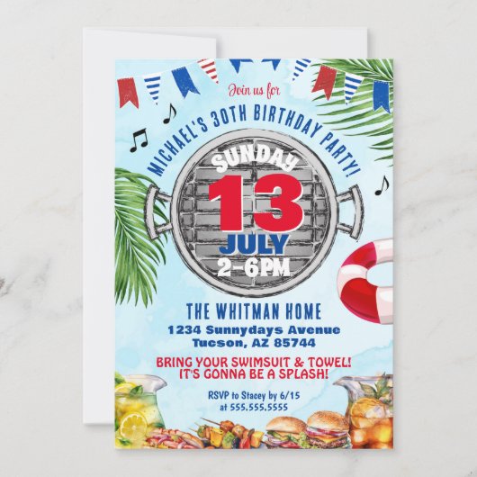 Invitation Red White and Blue 30th Birthday BBQ Pool Party (Devant)