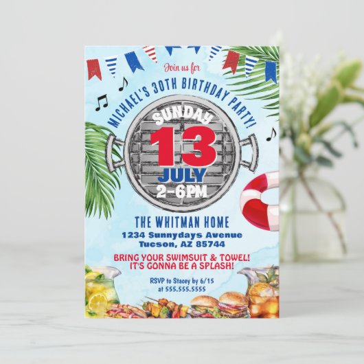 Invitation Red White and Blue 30th Birthday BBQ Pool Party (Debout devant)