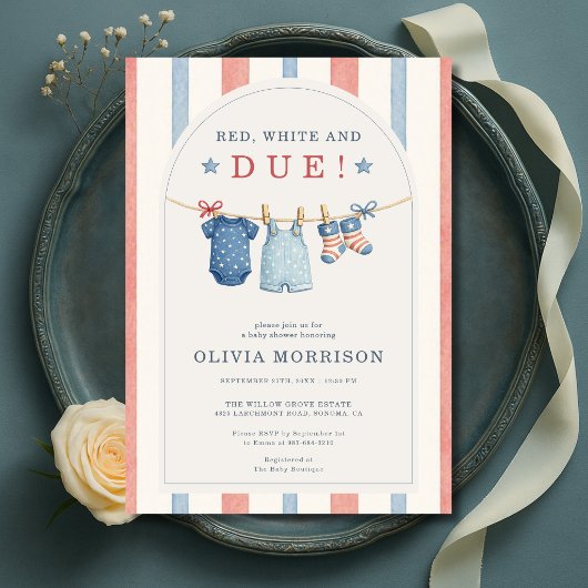 Invitation Red White and Due Stripes Clothesline Baby Shower