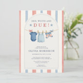 Invitation Red White and Due Stripes Clothesline Baby Shower (Debout devant)