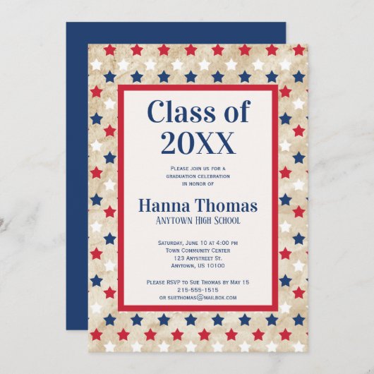 Invitation Red White Blue Stars US Militaire Graduation Invit (Devant / Derrière)