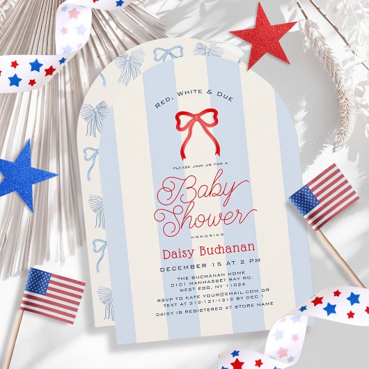 Invitation Red White & Due Bow Stripes Boy Baby Shower