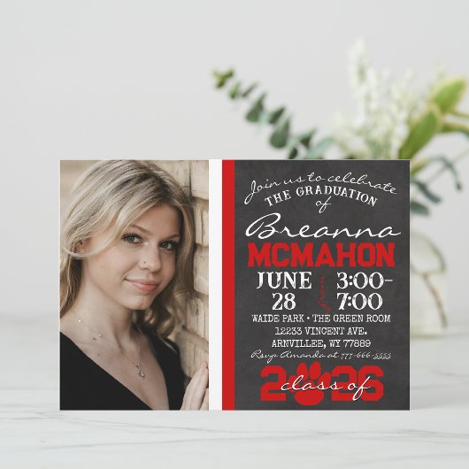 Invitation Red & White Empreinte de patte Graduation 2 Photo