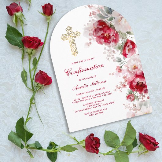 Invitation Red White Flowers Arch Confirmation