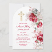 Invitation Red White Flowers Arch First Communion (Devant)
