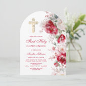 Invitation Red White Flowers Arch First Communion (Debout devant)