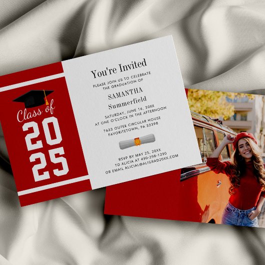 Invitation Red White Grad Photo Graduation 2025