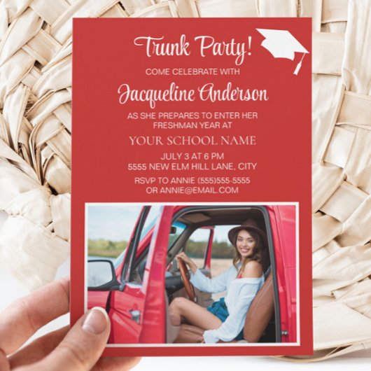 Invitation Red White Graduation Cap College Trunk Party Photo