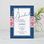 Invitation Red White Navy Damask Graduation (Debout devant)