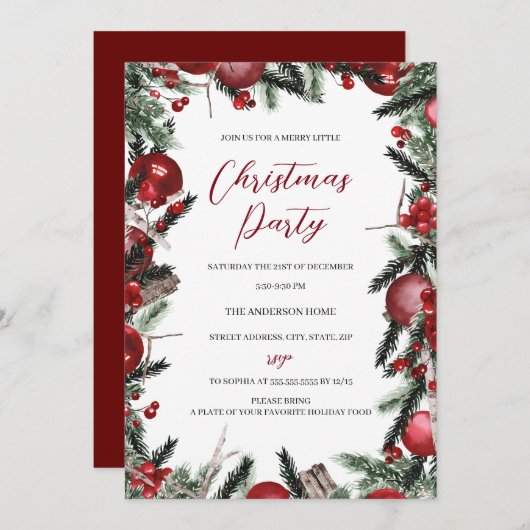 Invitation Red White Noël Festive Fête Florale (Devant / Derrière)